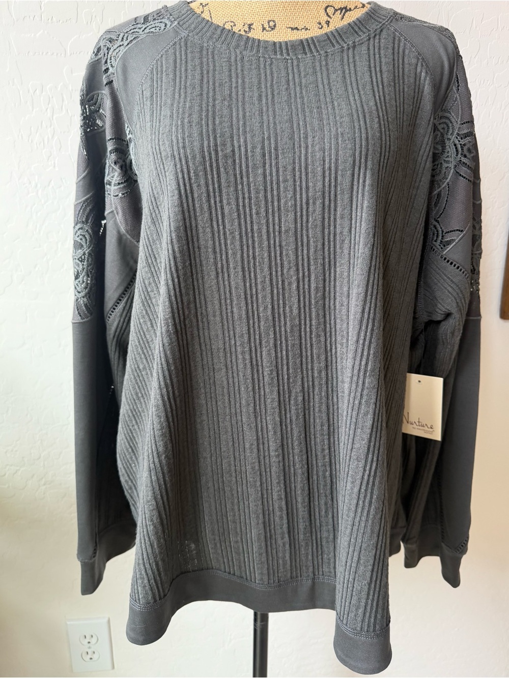 NWT Nurture Grey Terry Knit Lace Detail Ribbed Pullover Size 2X